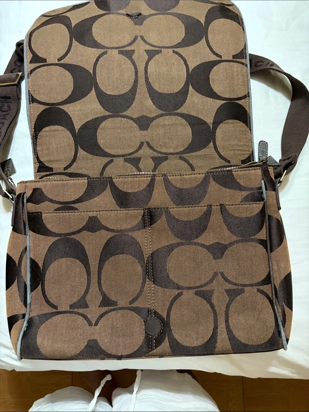 Vintage Coach Brown Signature Canvas Messenger Bag with Dark Brown Strap